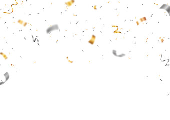 Celebrations Gold and silver confetti streamers, and ribbon banner, isolated on white backgrounds