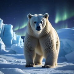 Majestic polar bear stands in a snowy arctic landscape under the glow of the aurora borealis