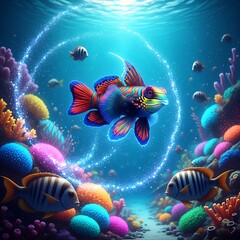 Vibrant coral reef scene with colorful fish.