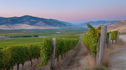 Naklejka premium Tranquil Vineyard Rows Leading to Renovated Winery at Dusk in Rolling Hills