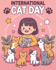Fototapeta premium Sweet cartoon girl holding a grey kitten, surrounded by a lively gathering of various cats for International Cat Day