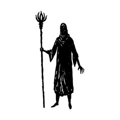 Fototapeta premium Mystic figure with staff wizard sorcerer silhouette vector art