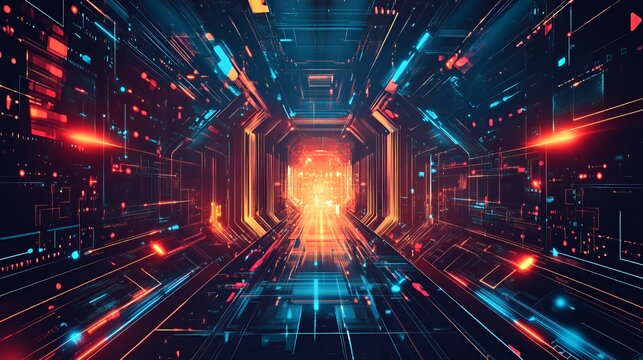 Abstract Digital Corridor Glowing With Vibrant Neon Lights