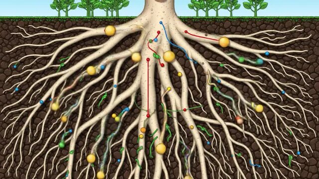 Illustration of a tree's root system, with nutrient absorption depicted by small colored spheres and wormlike strands in the soil