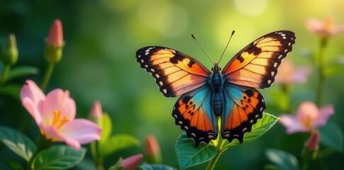 Naklejka premium A vibrant butterfly with orange and blue wings rests gently on a lush green leaf, surrounded by delicate pink blossoms in a sunlit garden.
