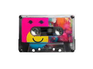 Naklejka premium Retro cassette tape with smiley face and abstract art design, Isolated On White, Transparent Background, Png