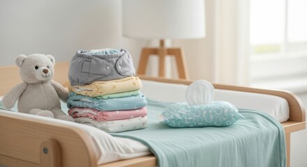 Stack of Colorful Reusable Cloth Diapers with Teddy Bear on Baby Changing Table