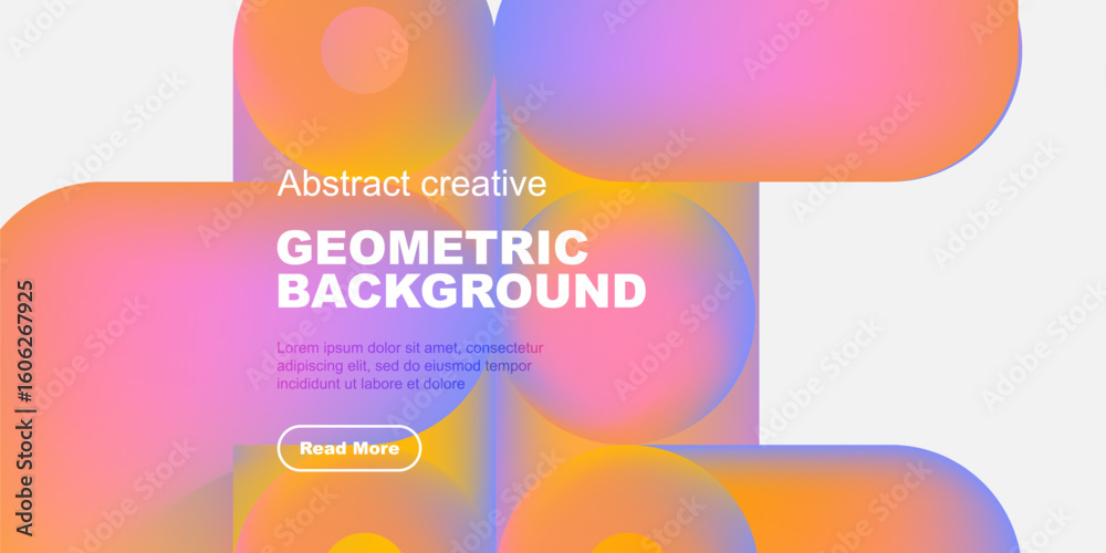 Poster Vibrant abstract shapes overlap, creating dynamic colorful background. Text promotes content with button. Modern design.