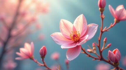 Delicate Pink Blossom in Soft Light, Gentle Breeze, Springtime Bloom, Nature's Beauty