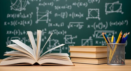 Open book, stacked books, and pencils before a math-filled blackboard