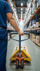 A person pushing a pallet truck with boxes in a warehouse