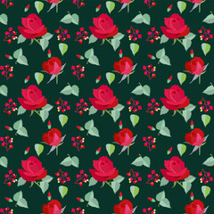 A beautiful and romantic seamless pattern featuring lush red roses and rosebuds with green leaves and subtle red berries, set against a rich teal background