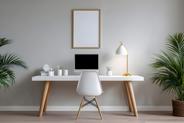 A bright home office setup with a white desk chair and computer against a gray wall with plants