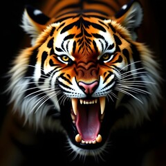 Fierce bengal tiger roaring with mouth open showing sharp teeth and intense eyes