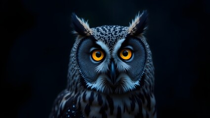 Obraz premium Close up portrait of a great horned owl with piercing yellow eyes against a dark background