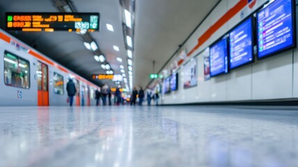 Obraz premium Subway Station with Train: A bustling subway station captures the pulse of urban life, a modern train pulls into the station, with people and screens in a dynamic setting of public transportation.
