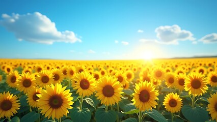 Fototapeta premium Bright yellow sunflowers blossom across a vast green field under a clear blue summer sky, showcasing the beautiful growth of nature's floral agriculture