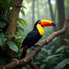 Fototapeta premium Vibrant toucan with large beak perched on a branch in a lush tropical rainforest