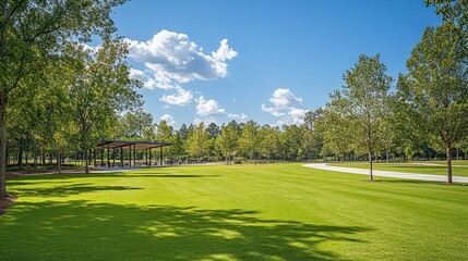 Obraz premium Serene landscape featuring lush green lawn pavilion and winding path under blue sky