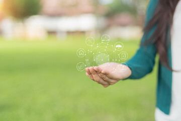 Technology,   Hands holding  globe of tropical nature summer background, 
