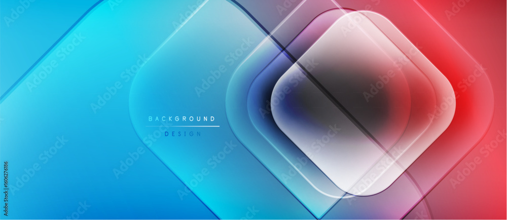 Poster Abstract geometric design. Blue, red gradients blend. Overlapping squares create dynamic visual effect. Modern background texture.