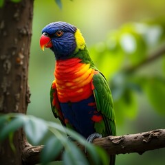 Naklejka premium Vibrant rainbow lorikeet parrot perched on a tree branch in lush green foliage