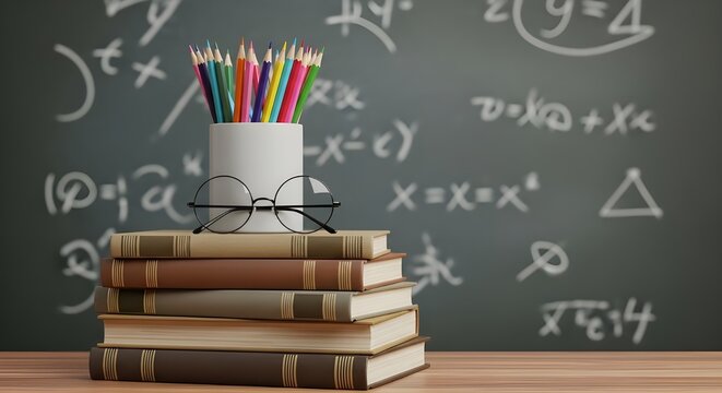 Books, pencils, and glasses before a chalkboard with math equations