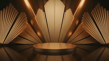 Luxurious art deco stage with golden fan shaped backdrop and illuminated podium © salman