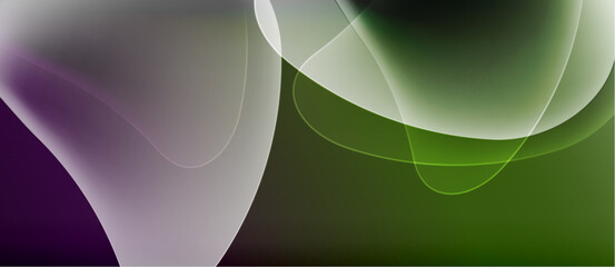 Abstract shapes blend, creating flowing curves. Purple, green, white hues dominate composition. Soft gradients suggest movement, depth.