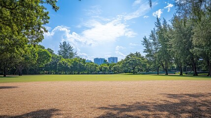 Fototapeta premium Serene park landscape with lush greenery and distant city building view