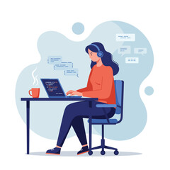 A female programmer with headphones sits at a desk, diligently coding on her laptop with a cup of coffee nearby.