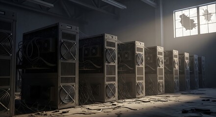 A row of powerful cryptocurrency mining servers in a dusty, abandoned industrial warehouse with dramatic lighting.