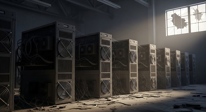 A row of powerful cryptocurrency mining servers in a dusty, abandoned industrial warehouse with dramatic lighting.
