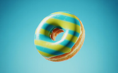 Photo of a colorful donut with blue and yellow stripes
