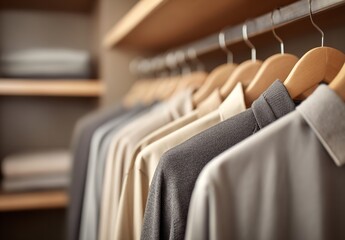 Minimalist Wardrobe with Neutral Clothing and Wooden Shelving in Soft Natural Light
