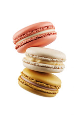 Photo of three colorful macarons stacked on a white background