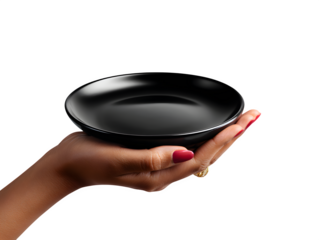 Hand holding elegant black plate, isolated on transparent background