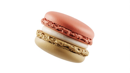 Photo of two macarons, pink and tan, stacked on a white background