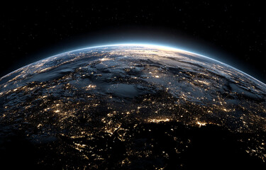 Obraz premium Realistic Earth planet with the lights of night cities, viewed from space. taken through a camera lens.