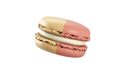 Photo of a twotoned macaron, half pink and half tan, on white