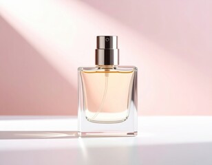 Elegant Perfume Bottle on Pink Background with Sunlight, Close-up Beauty Still Life