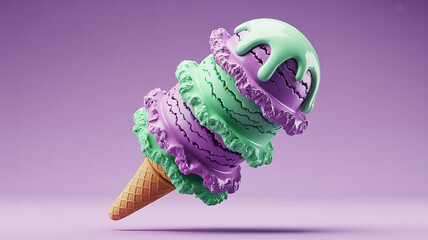 Photo of a stacked ice cream cone with mint and purple swirls
