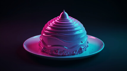 Photo of a frosted cake with vibrant pink and blue lighting
