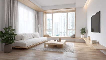 Modern living room interior with a sofa, coffee table, and wooden floor in a white color, featuring a minimalistic style.