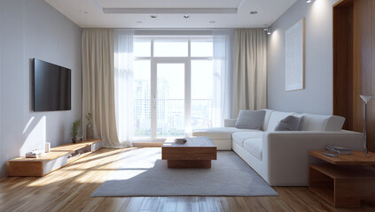 Fototapeta premium Modern living room interior with a sofa, coffee table, and wooden floor in a white color, featuring a minimalistic style.
