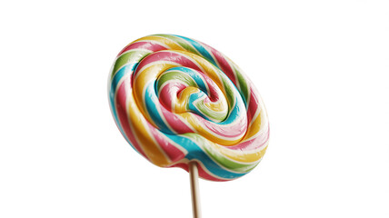 Photo of a colorful swirl lollipop isolated on white background