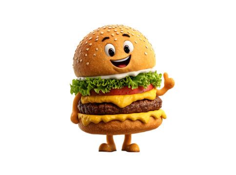Happy burger cartoon character giving thumbs up, Isolated On White, Transparent Background, Png