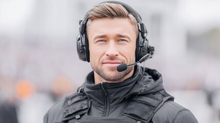 Attentive Communicator: An expert in communication is seen attentively and ready to engage in conversation, dressed in communication gear with headset