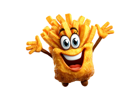 Happy french fries cartoon character jumping for joy, Isolated On White, Transparent Background, Png - Powered by Adobe