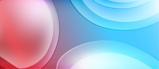 Abstract circles overlap, creating vibrant blue, red gradients. Smooth shapes suggest depth, light interplay. Minimalist design.
